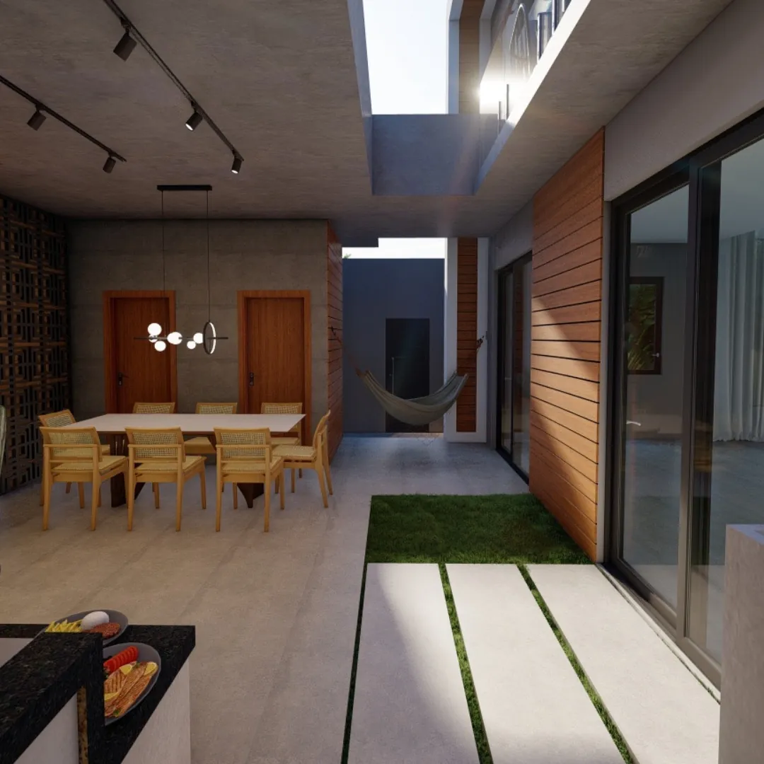 Projeto 3D de sala de jantar integrada a um pátio interno com jardim, rede e revestimento de madeira